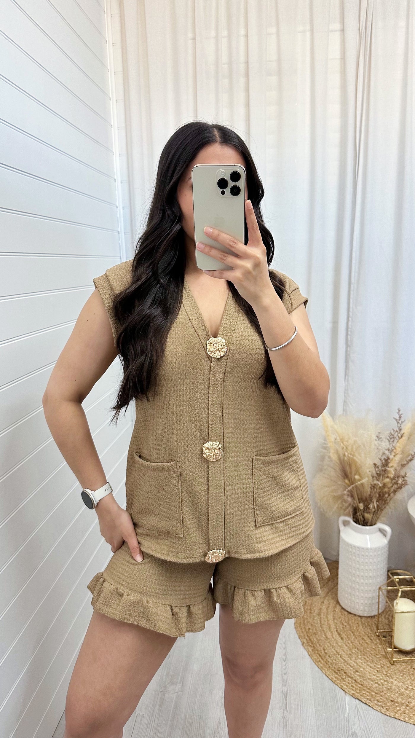 Gold Button Cheesecloth Waistcoat and Shorts Co-Ord - DARK BEIGE