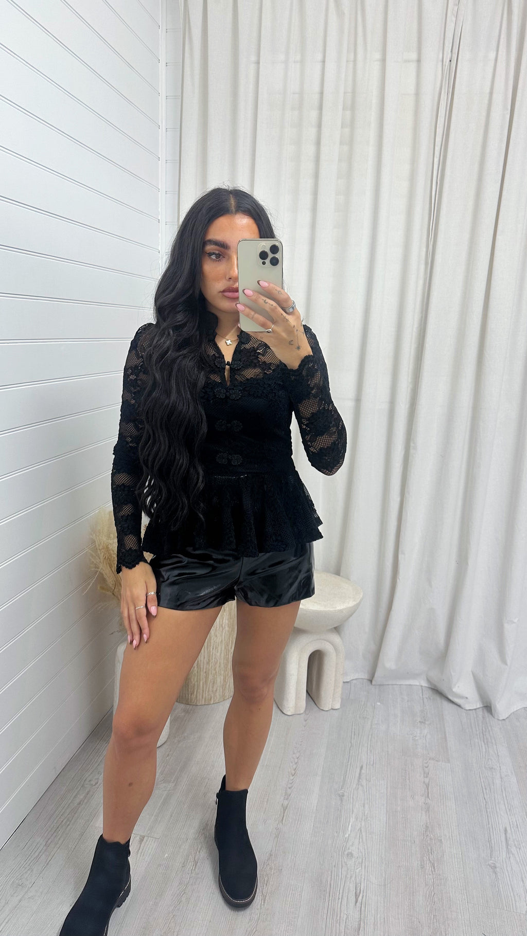 Manderin Neck Long Sleeve Lace Top - BLACK