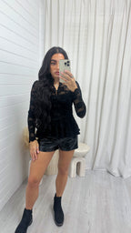 Manderin Neck Long Sleeve Lace Top - BLACK