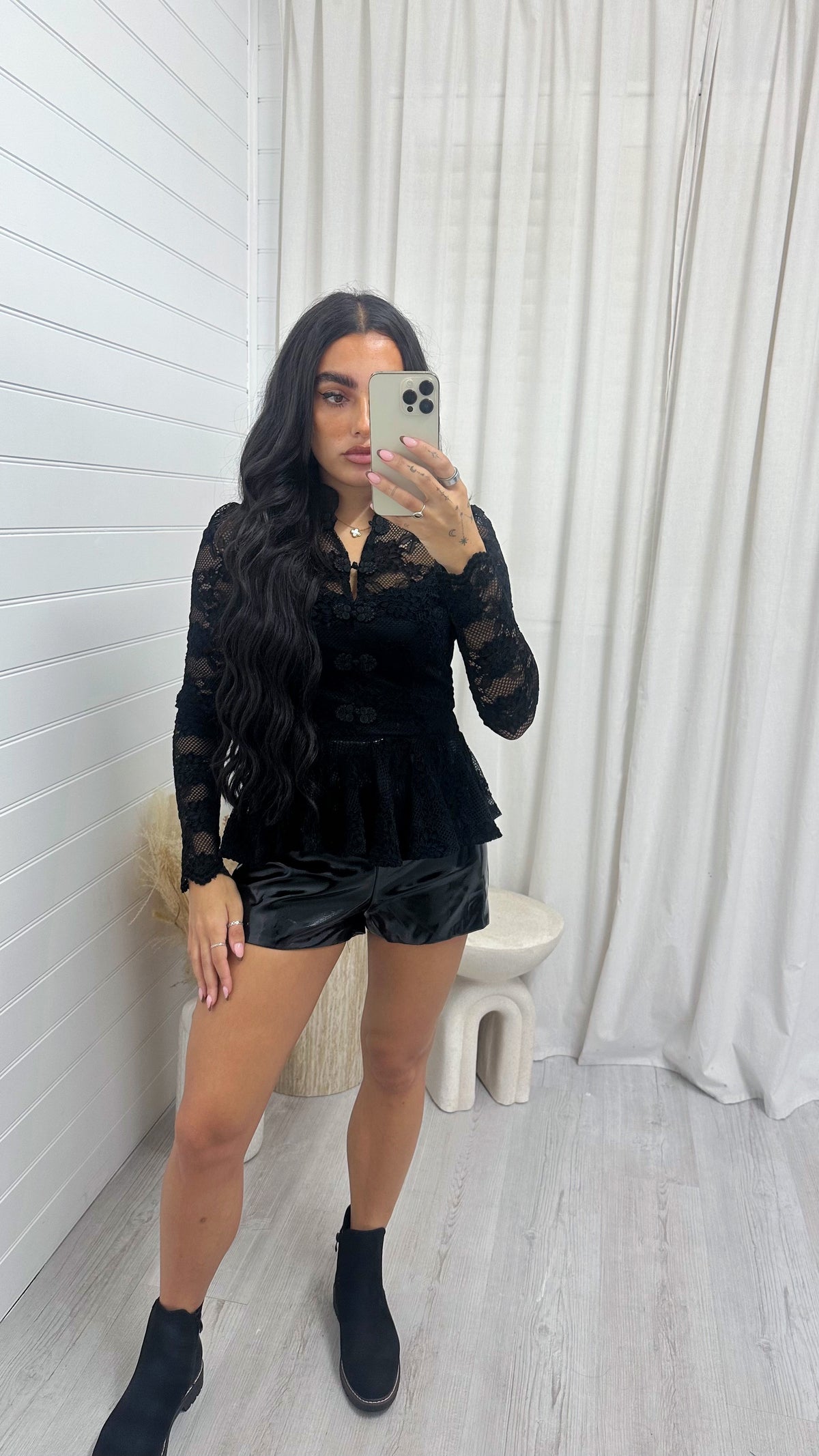Manderin Neck Long Sleeve Lace Top - BLACK