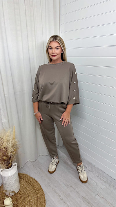 Button Shoulder Top and Barrel Fit Joggers Co-Ord - MINK