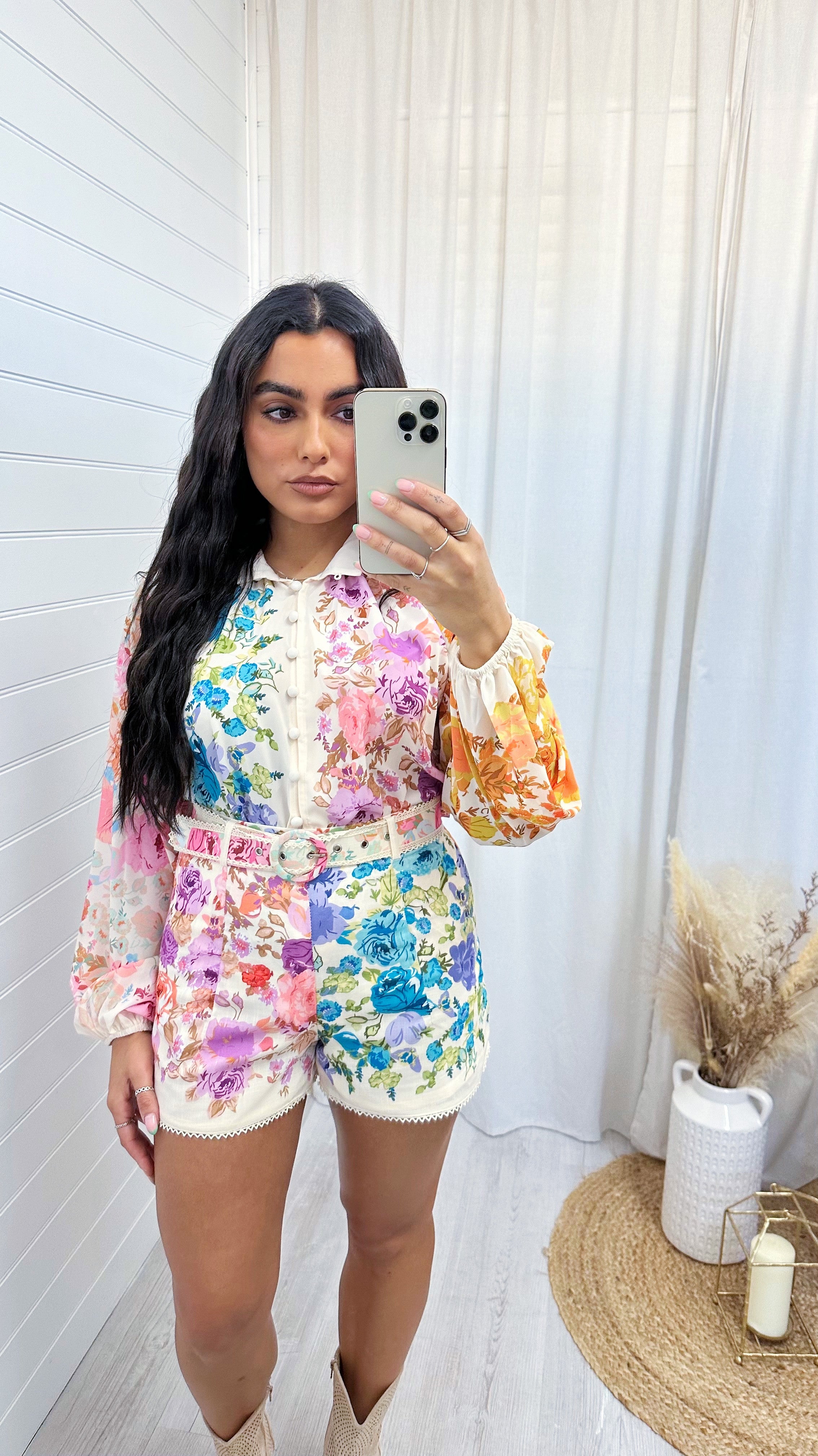 Vintage Pastel Floral Shirt and Shorts Co-Ord - CREAM