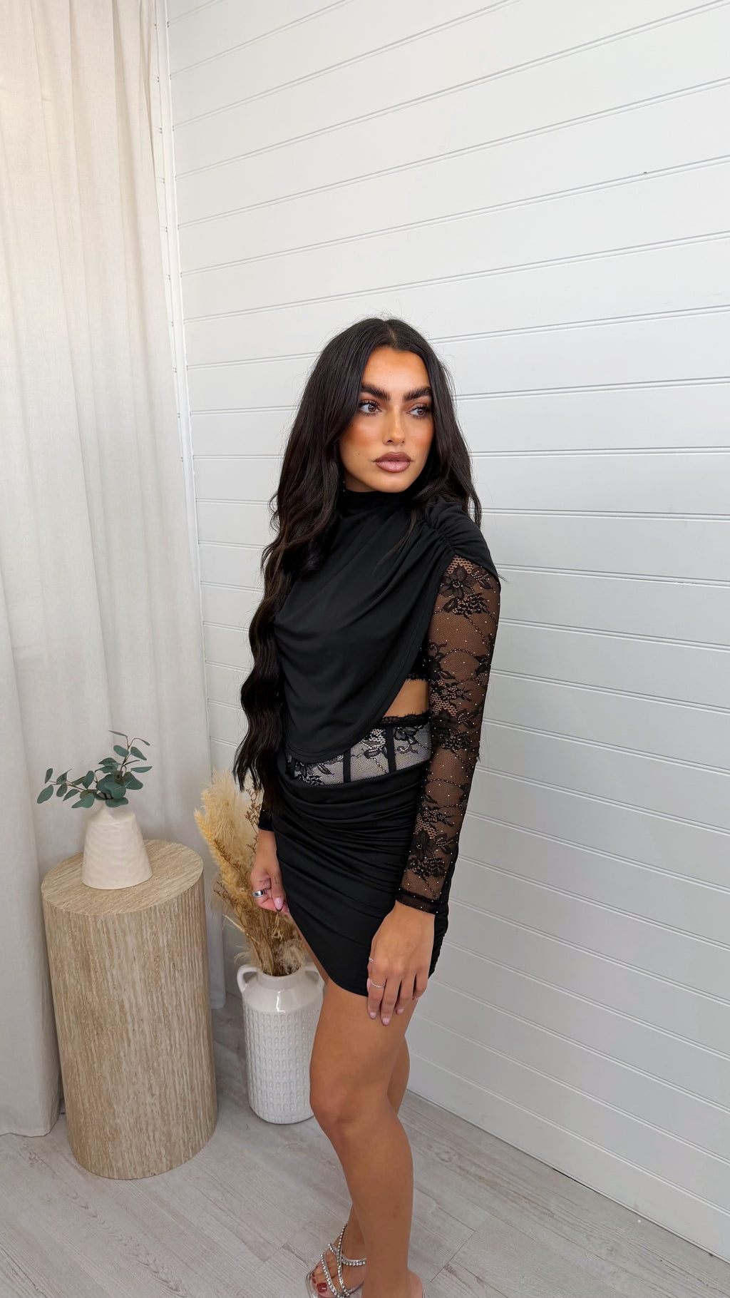 Lace Insert Top and Corset Ruched Skirt Co-Ord - BLACK