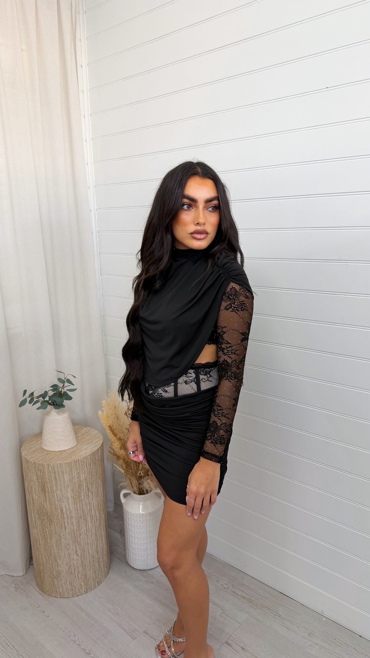 Lace Insert Top and Corset Ruched Skirt Co-Ord - BLACK