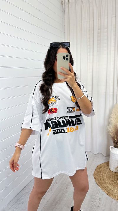Short Sleeve Racer Graphic T-Shirt Dress - WHITE