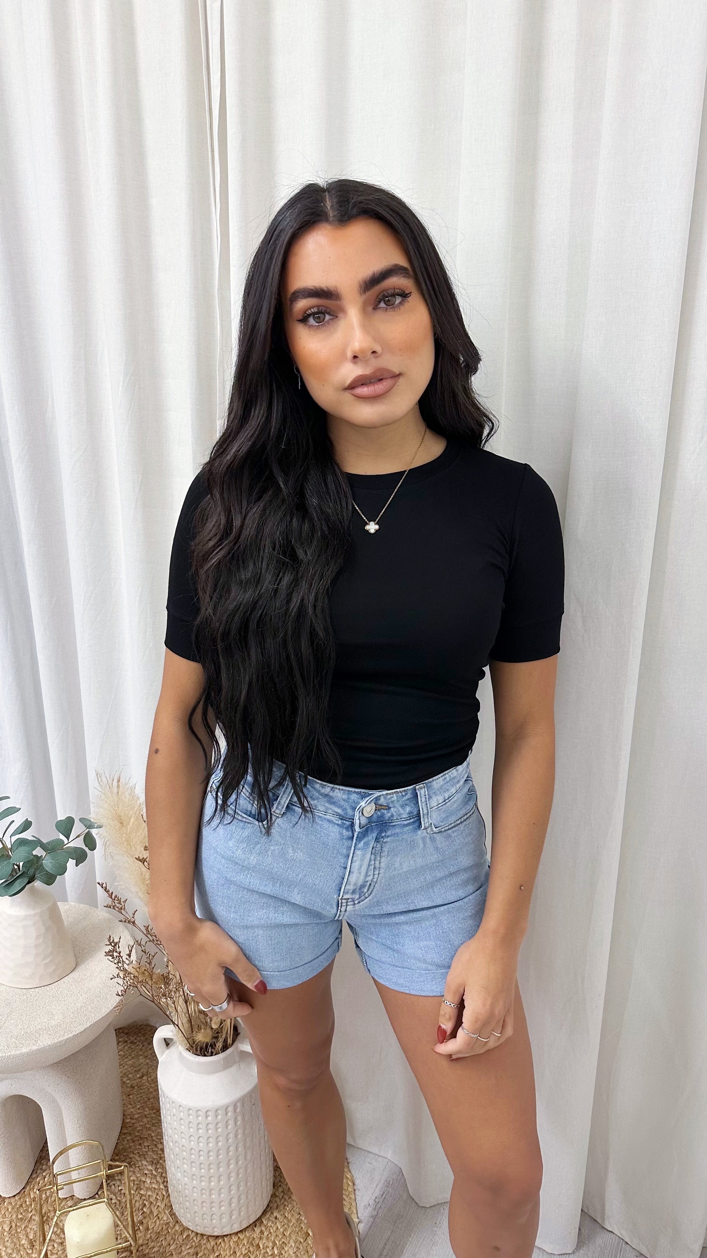 Basic Soft Ribbed Shirt Sleeve T-Shirt - BLACK