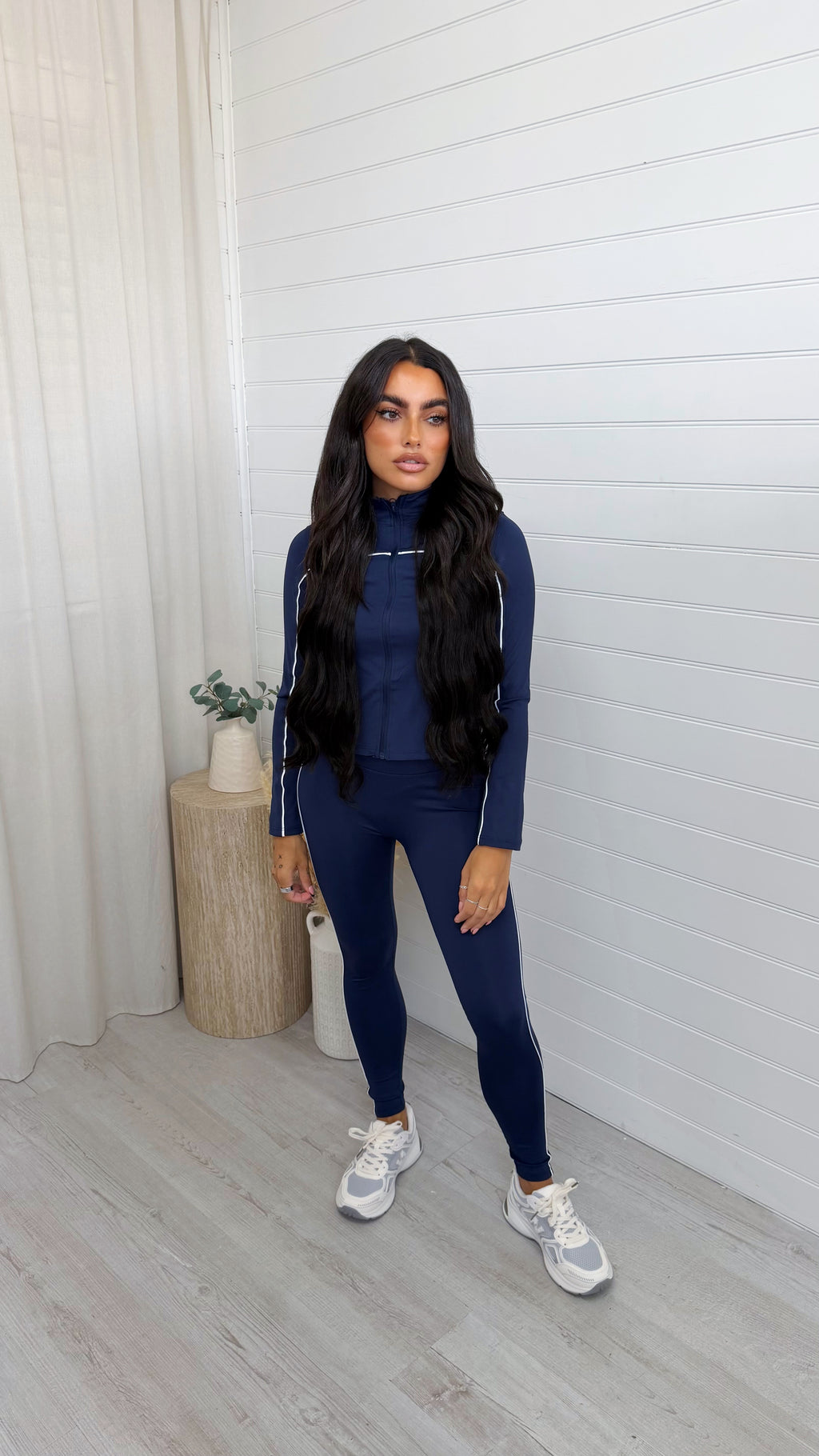 Piped Jacket and Leggings Activewear Set - NAVY