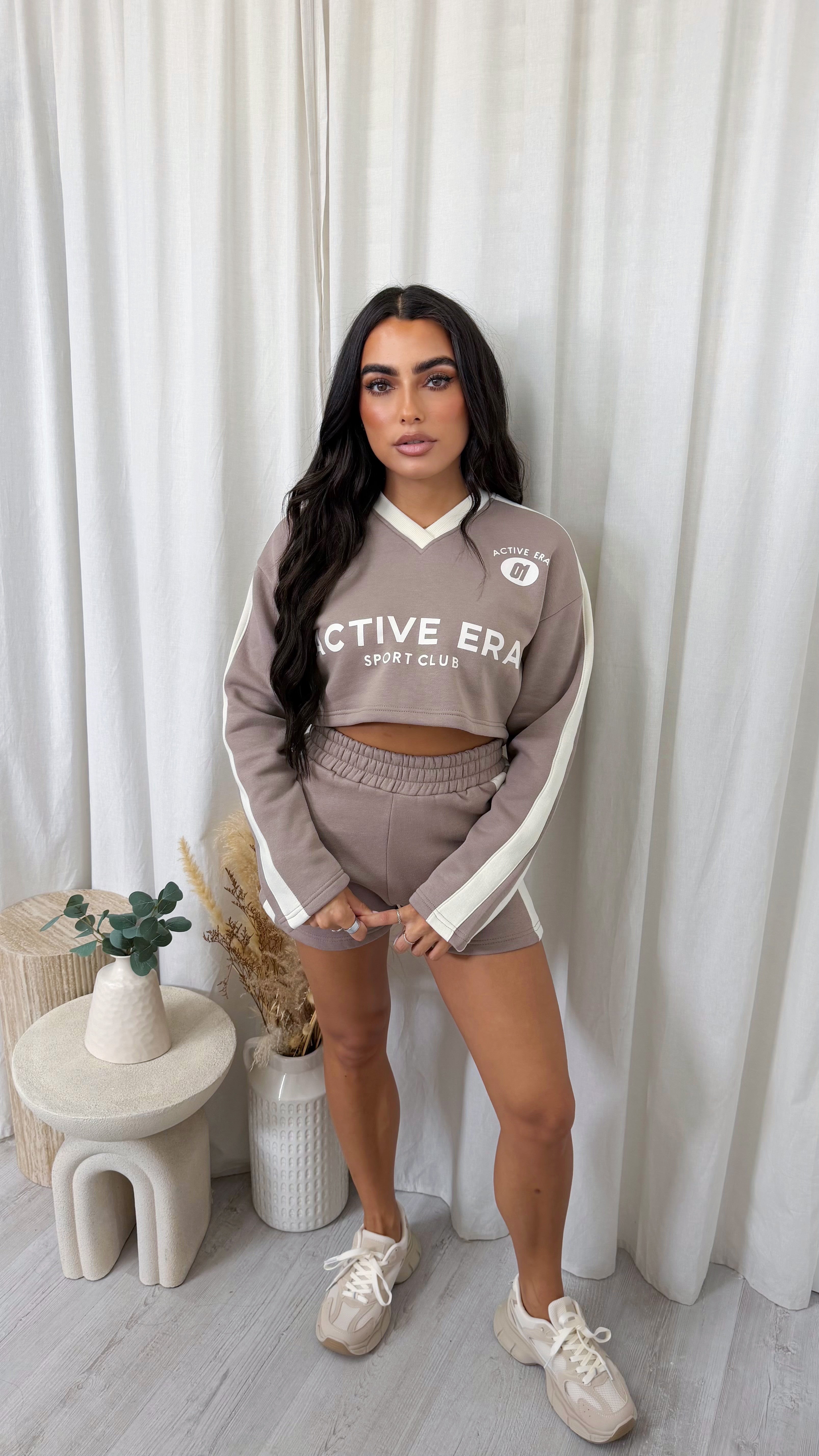 Racer Graphic Crop Sweatshirt and Shorts Co-Ord - MOCHA