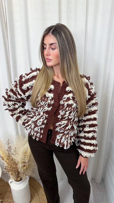 Loop Tassel Chunky Knitted Stripe Cardigan - BROWN