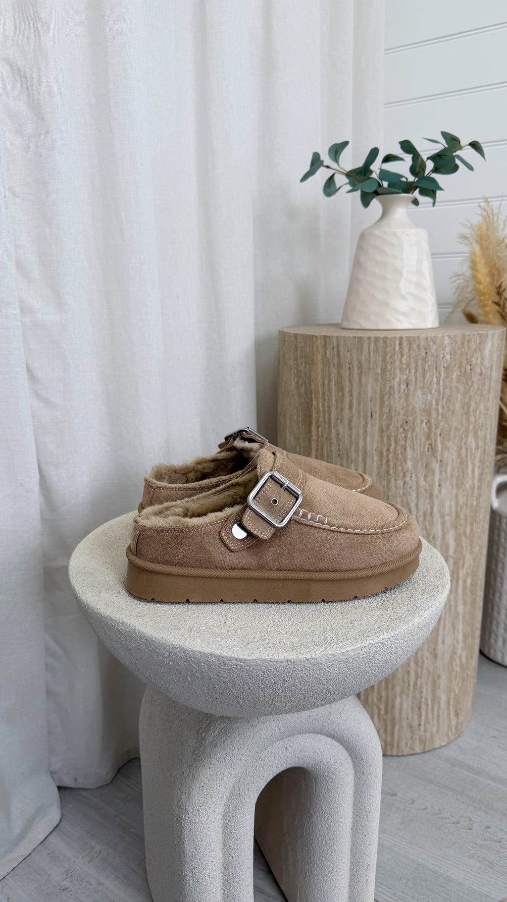 Buckle Strap Faux Fur Loafers - BEIGE