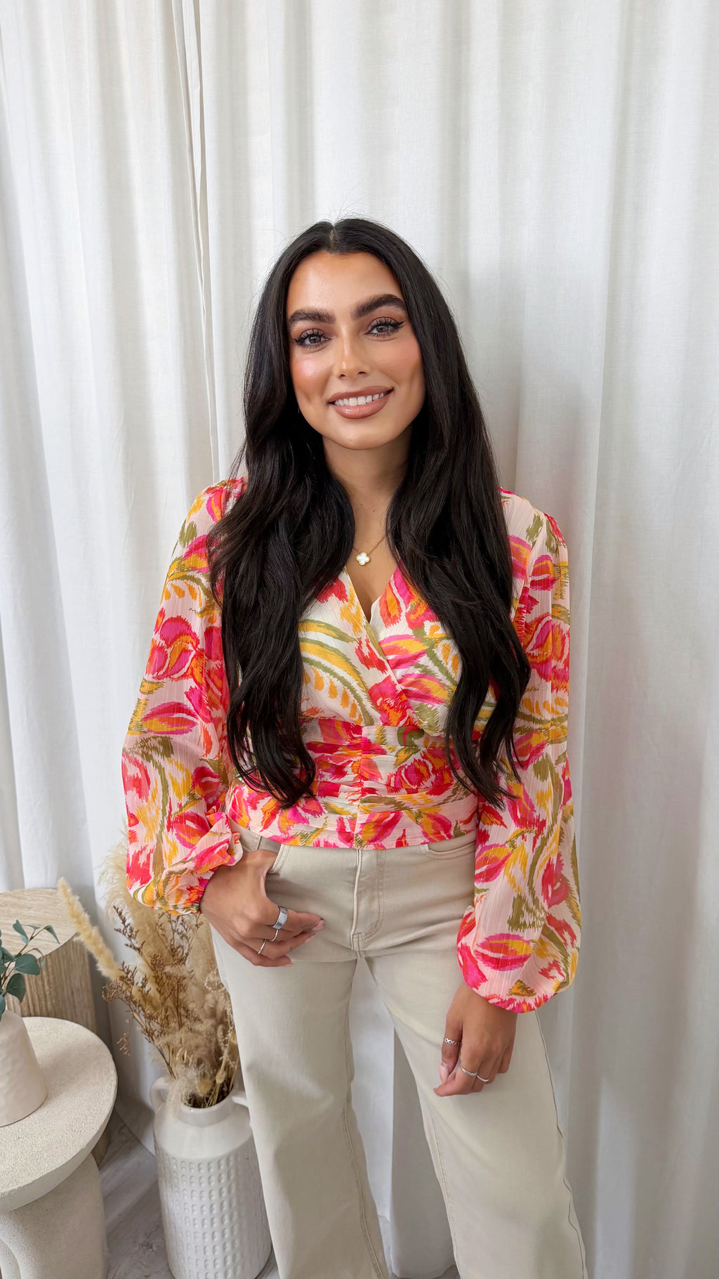 Floral Abstract Wrap Over Crop Blouse - PINK/YELLOW