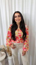 Floral Abstract Wrap Over Crop Blouse - PINK/YELLOW