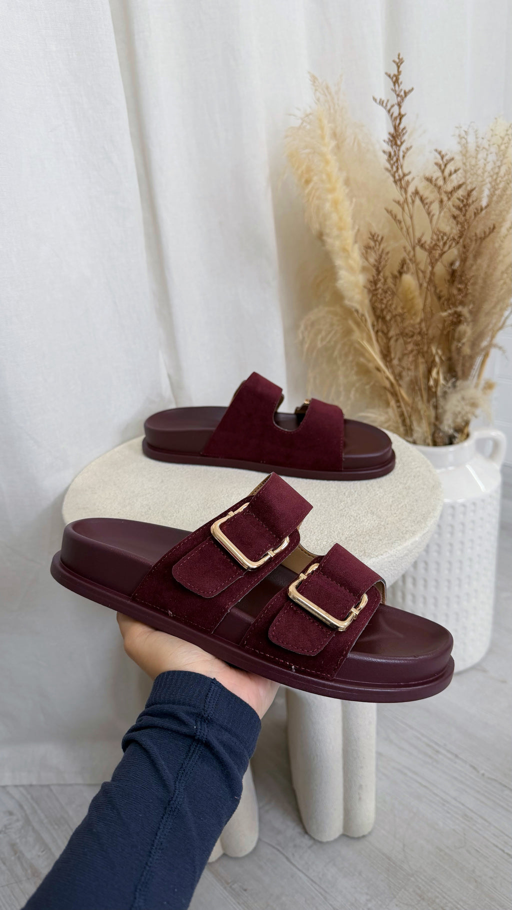 Gold Buckle Double Strap Suede Sliders - BURGUNDY
