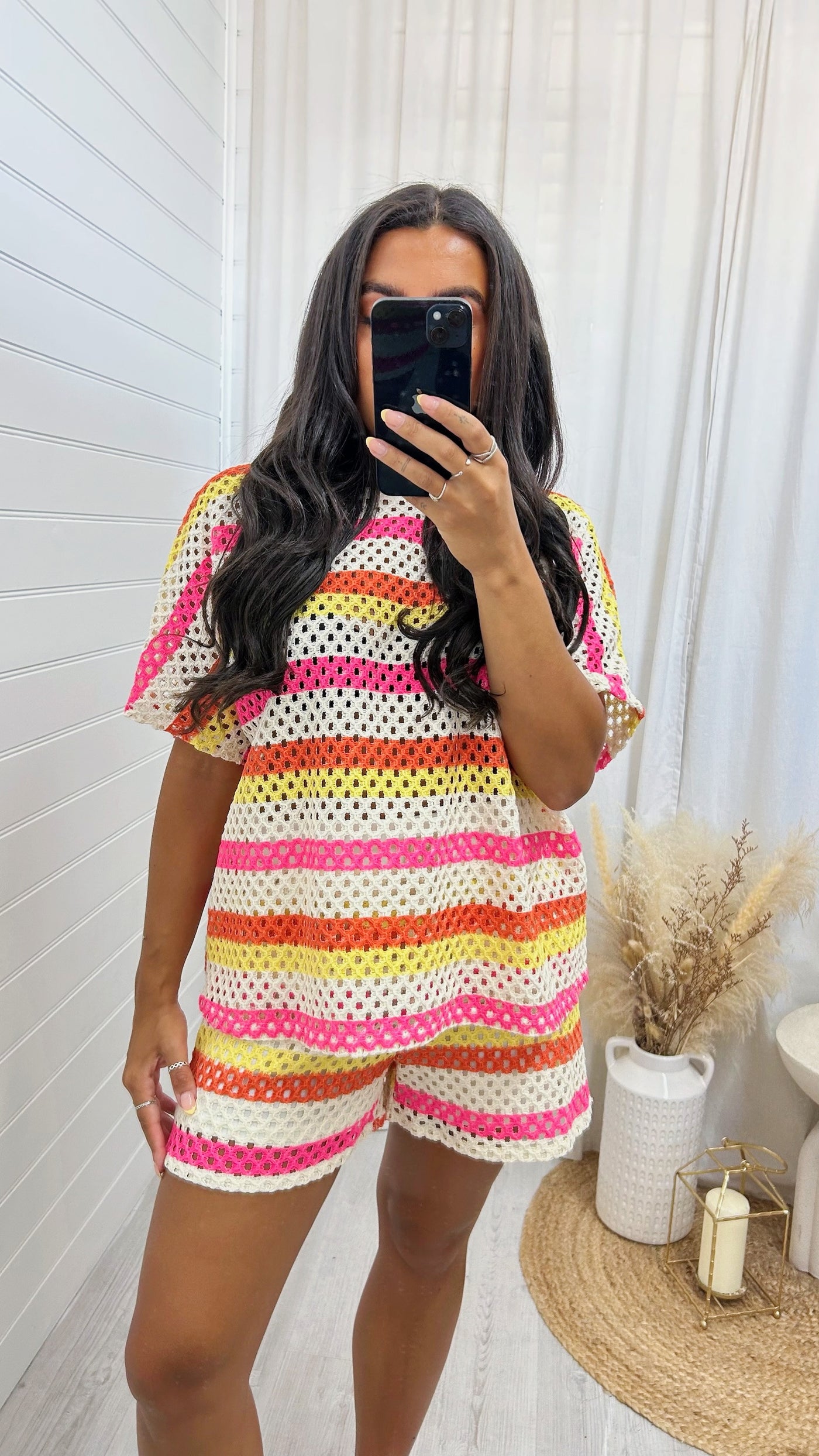 Mesh Striped T-Shirt and Shorts Co-Ord - PINK/ORANGE