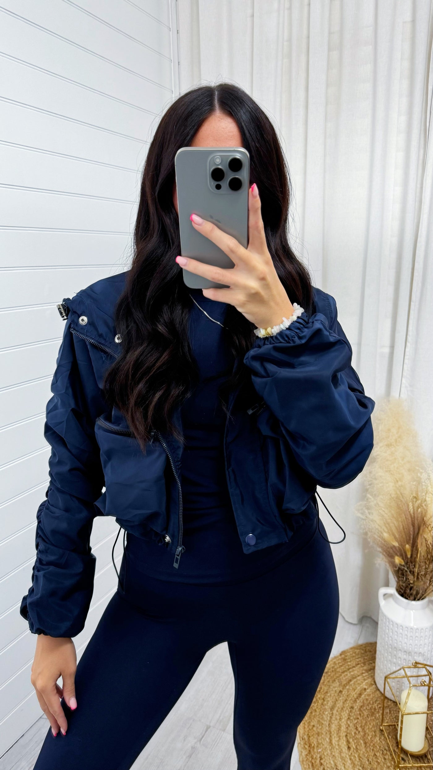 Ruched Sleeve Windbreaker Jacket - NAVY