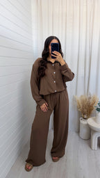 Oversized Pinstripe Shirt and Trousers Co-Ord - BROWN