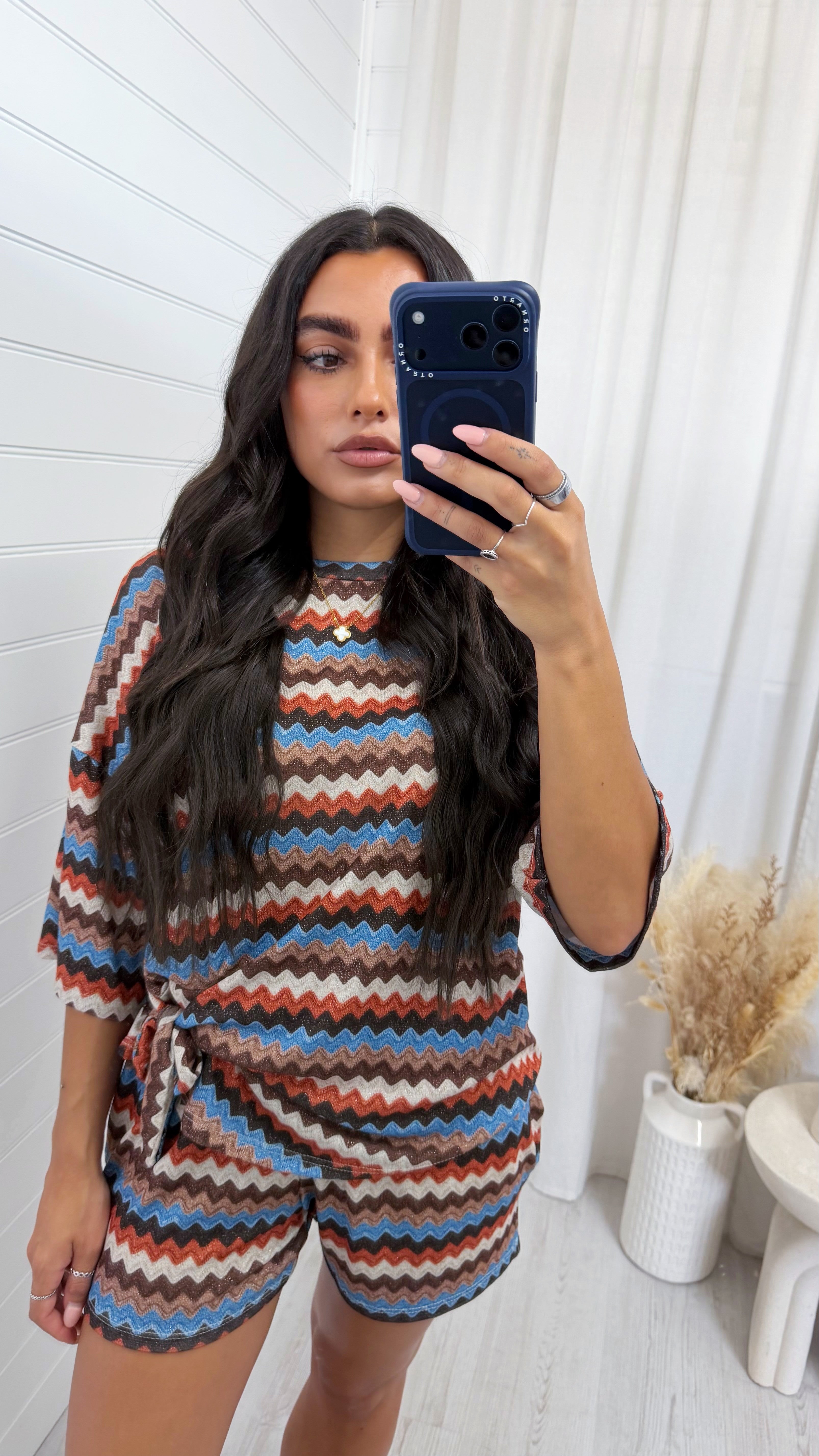 Zig Zag Tie Front T-Shirt and Shorts Co-Ord - ORANGE/BROWN