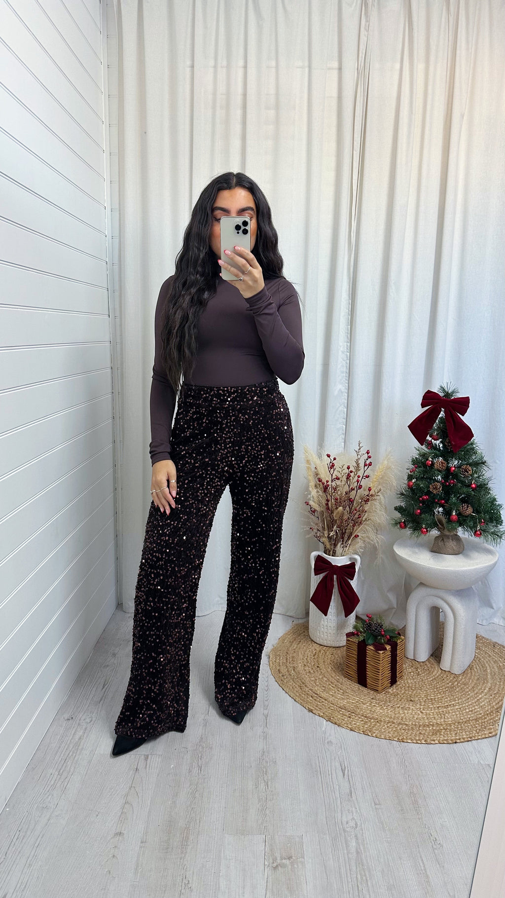 Sequin Velvet Wide Leg Trousers - BROWN