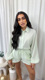 Tufted Polka Dot Shirt and Shorts Co-Ord - SAGE GREEN