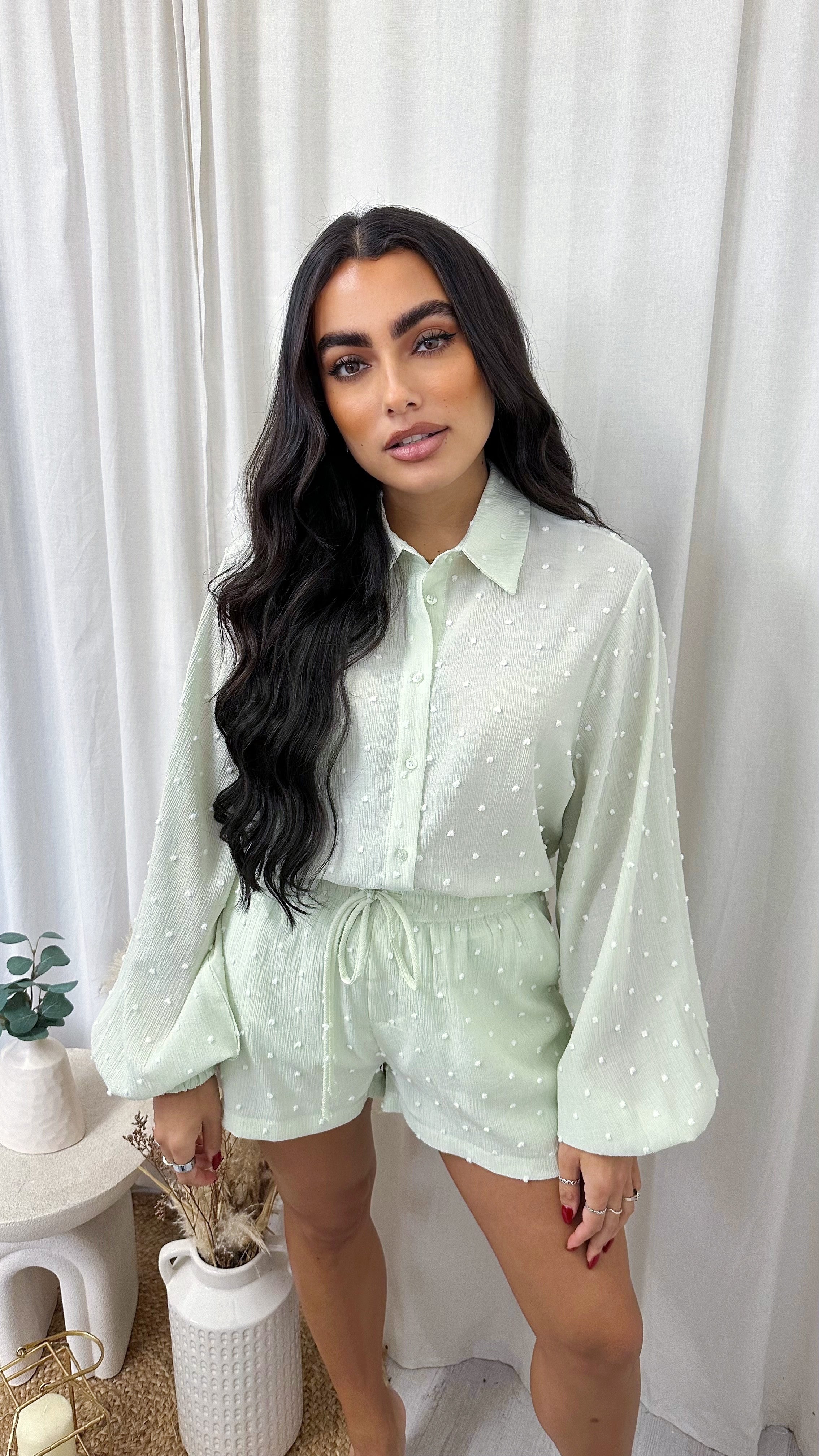 Tufted Polka Dot Shirt and Shorts Co-Ord - SAGE GREEN