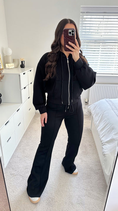 Crop Jacket and Flare Joggers Tracksuit - BLACK