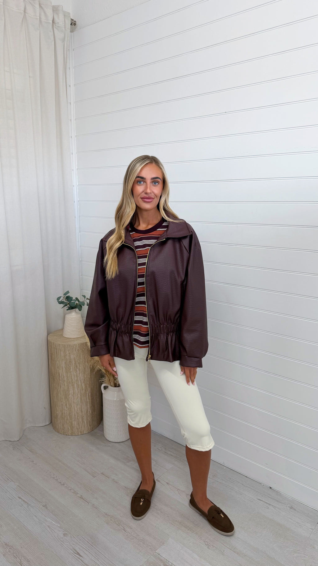 Cinch Waist Peplum Leather Jacket - BURGUNDY