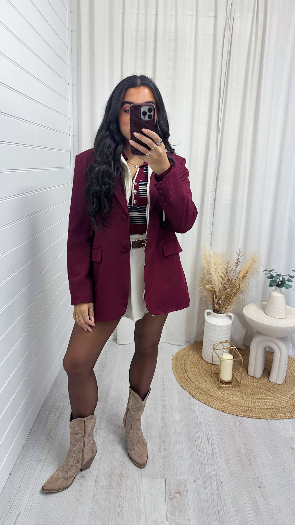 Tailored Insert Hooded Blazer - WINE/CREAM