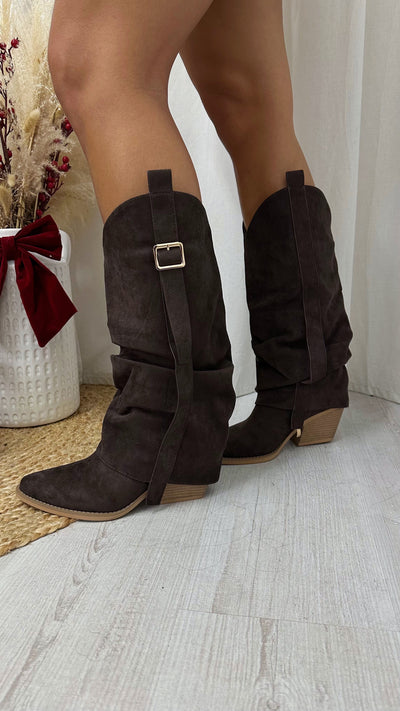 Fold Over Gold Buckle Knee High Cowboy Boots - BROWN