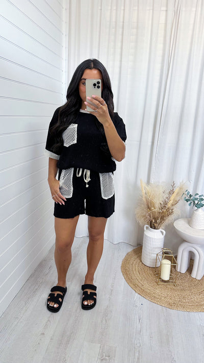 Crochet Pocket T-Shirt and Shorts Co-Ord - BLACK