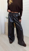 Wide Leg Faux Leather Joggers - BROWN