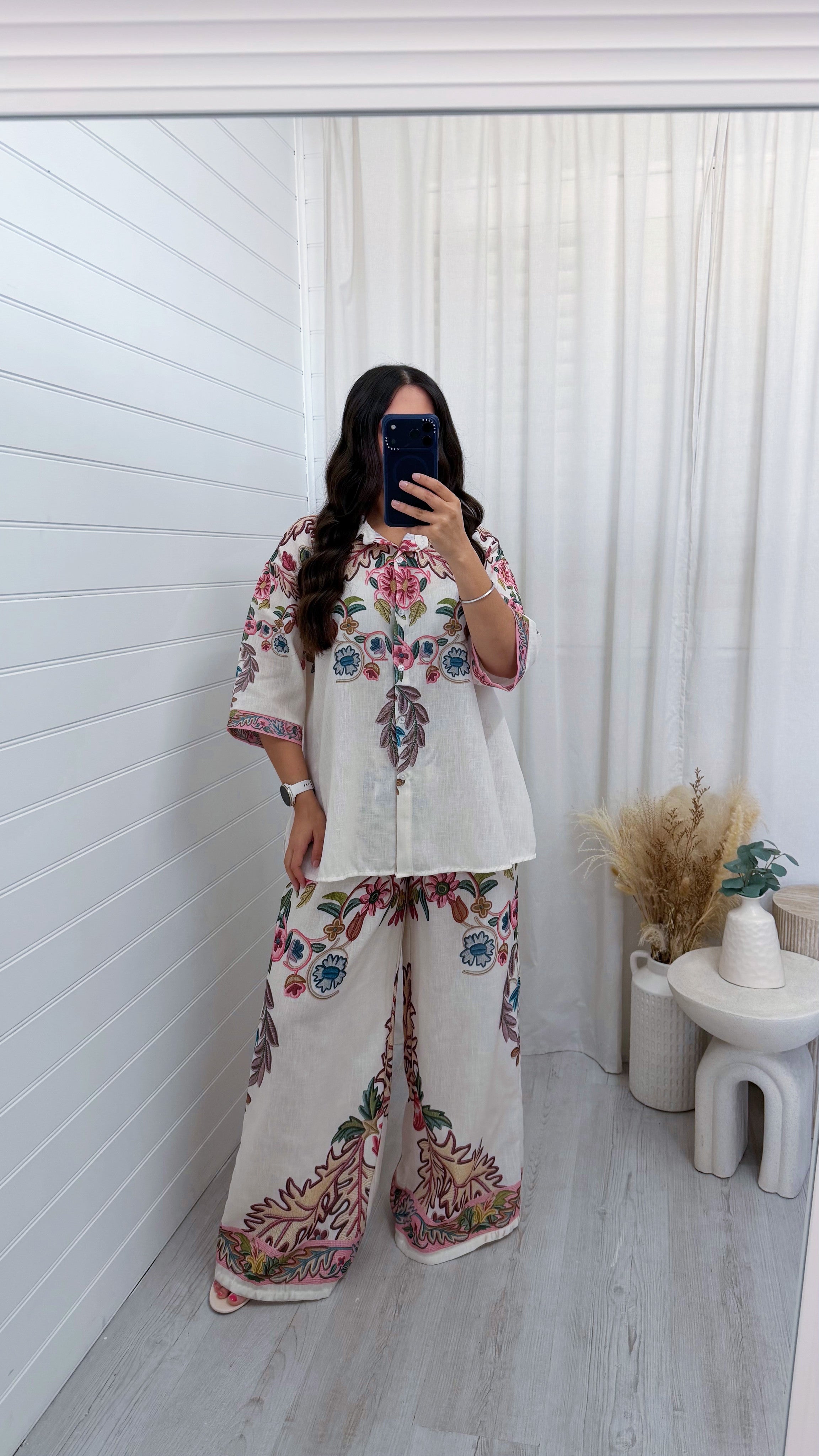 Linen Floral Print Shirt and Wide Leg Trousers Co-Ord - PINK