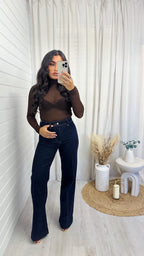 High Waisted Seam Front Flared Jeans - DARK DENIM