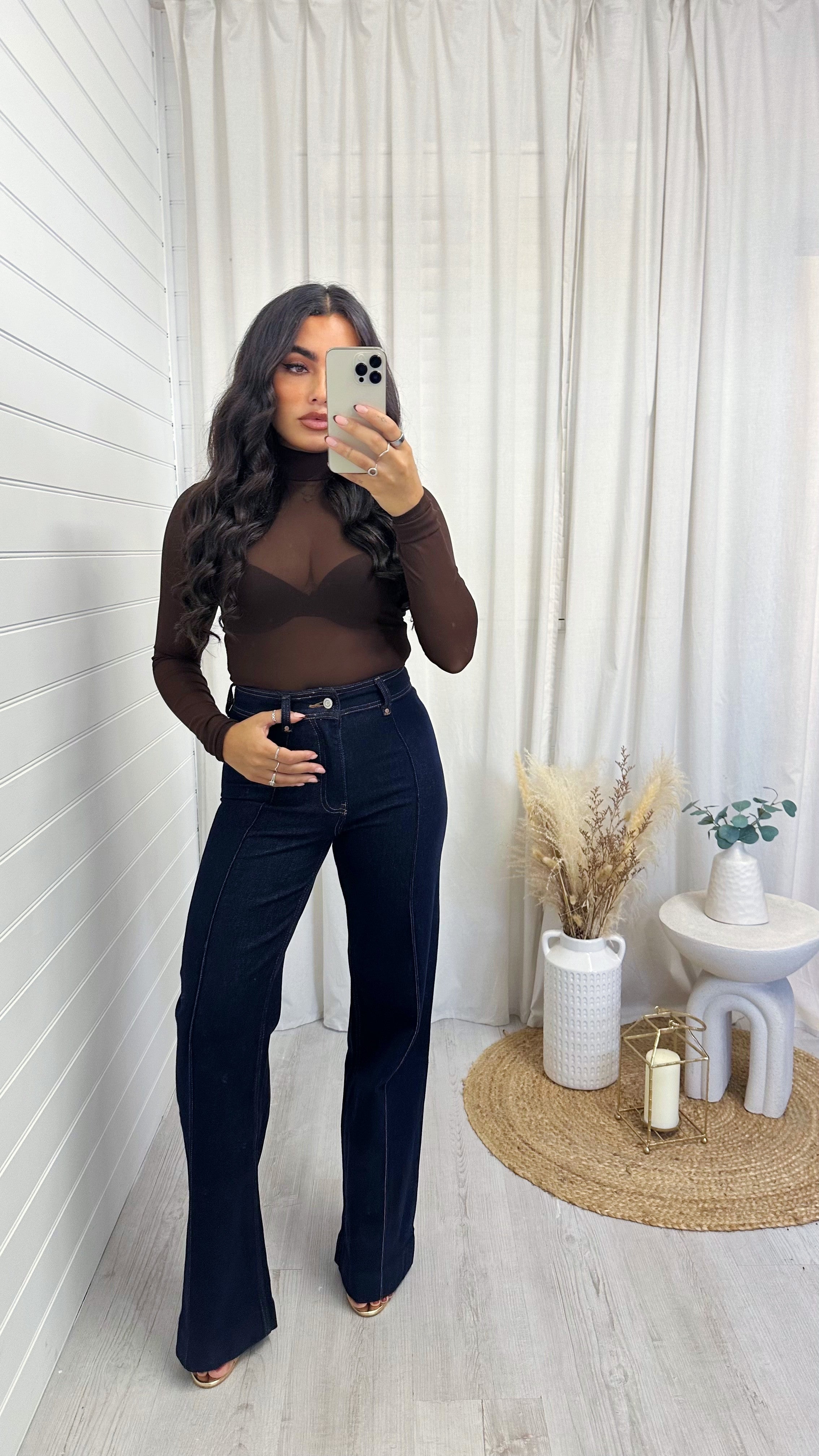 High Waisted Seam Front Flared Jeans - DARK DENIM