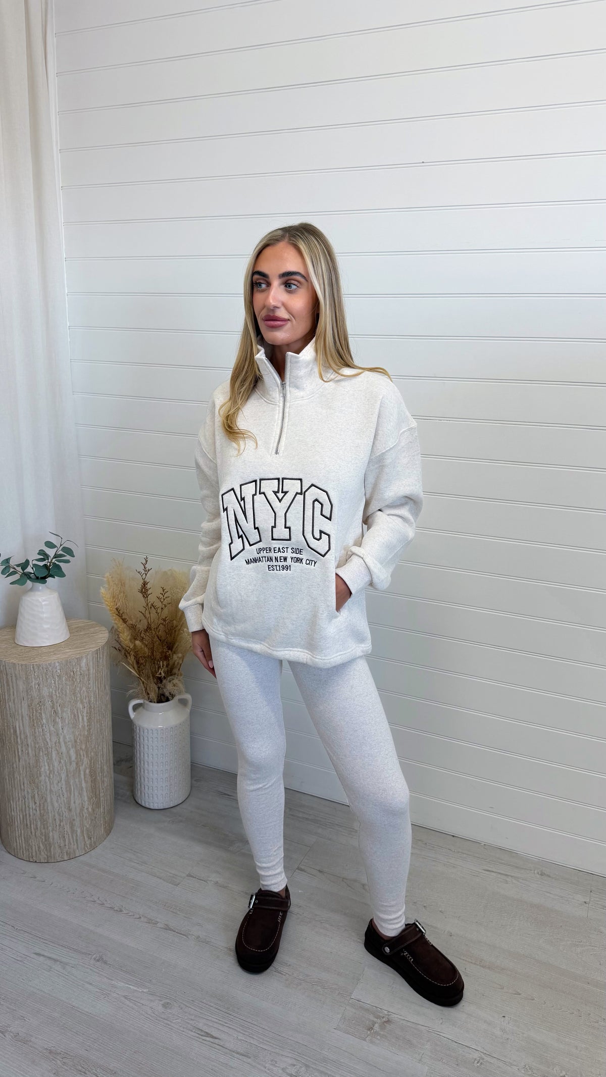 NYC Sweatshirt and Ribbed Leggings Co-Ord - OATMEAL