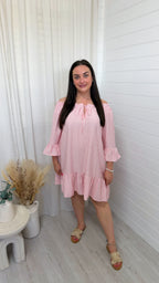 Bardot Pinstripe Summer Dress - BABY PINK