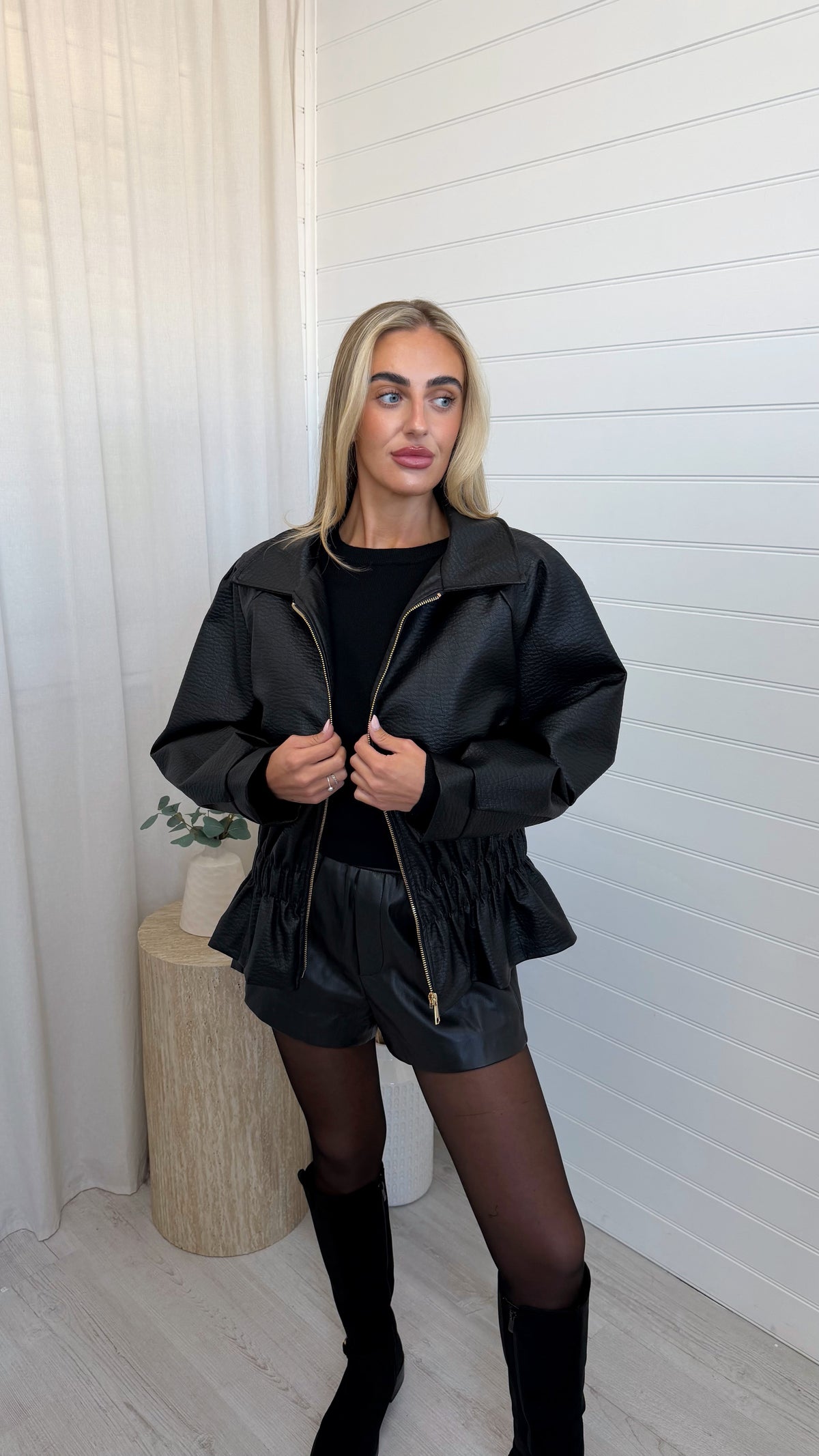 Cinch Waist Peplum Leather Jacket - BLACK