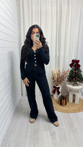Gold Button Cardigan and Straight Trousers Co-Ord - BLACK