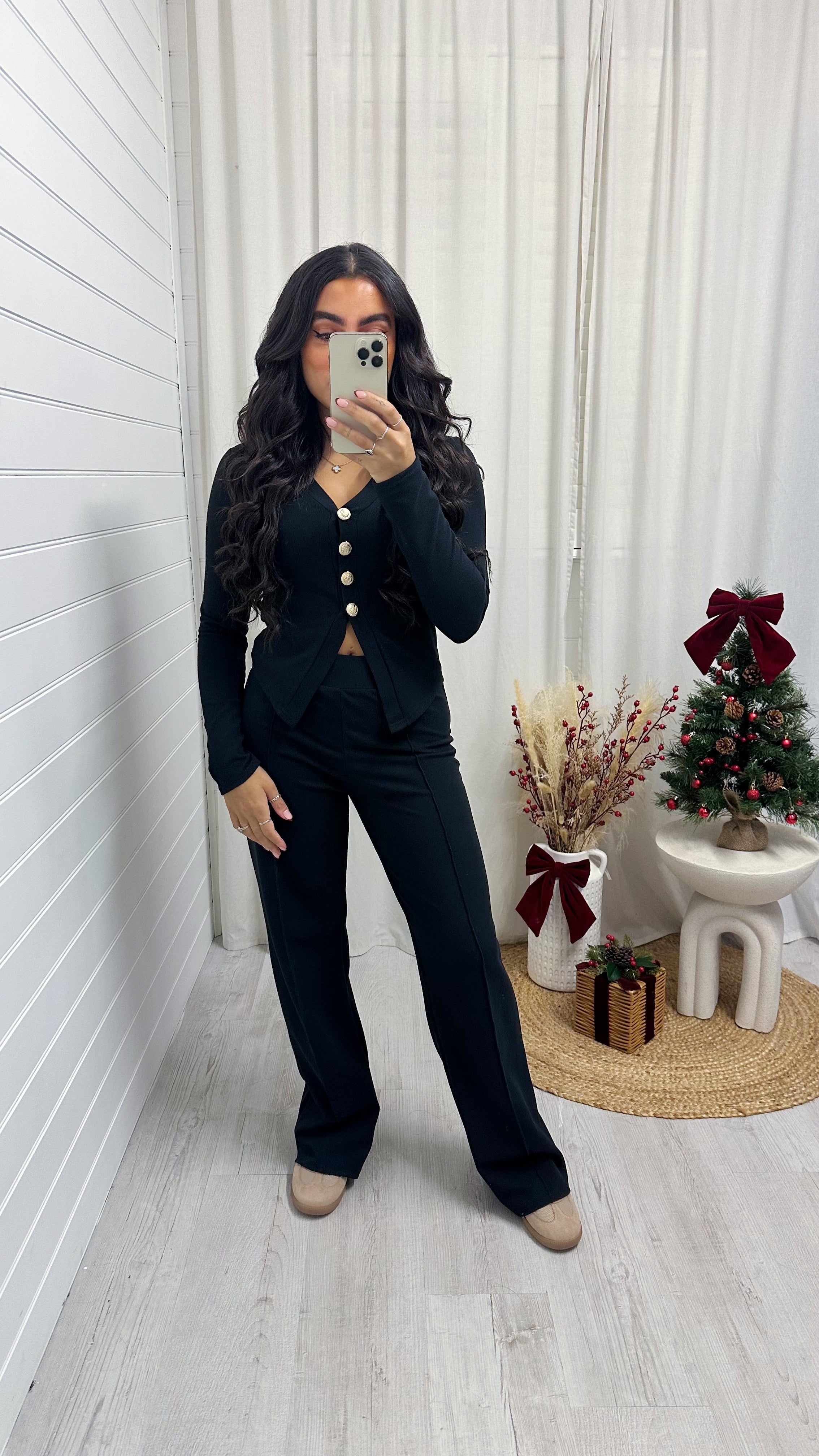 Gold Button Cardigan and Straight Trousers Co-Ord - BLACK