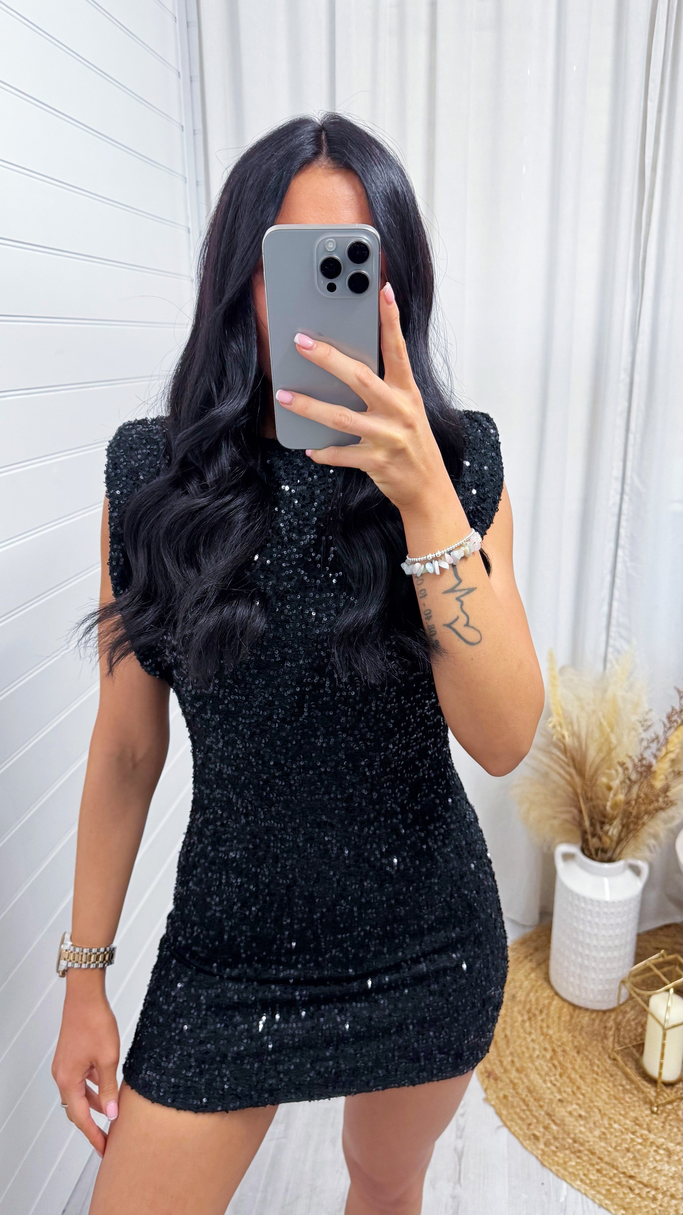 Cap Sleeve Mini Sequin Dress - BLACK