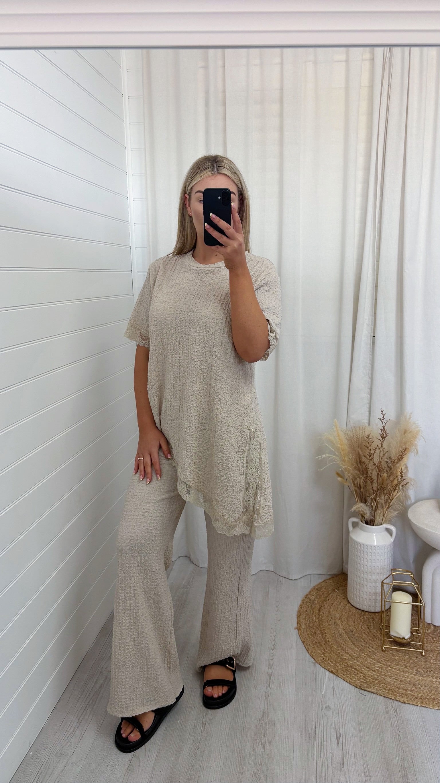 Lace Hem Asymmetric Co-Ord - BEIGE