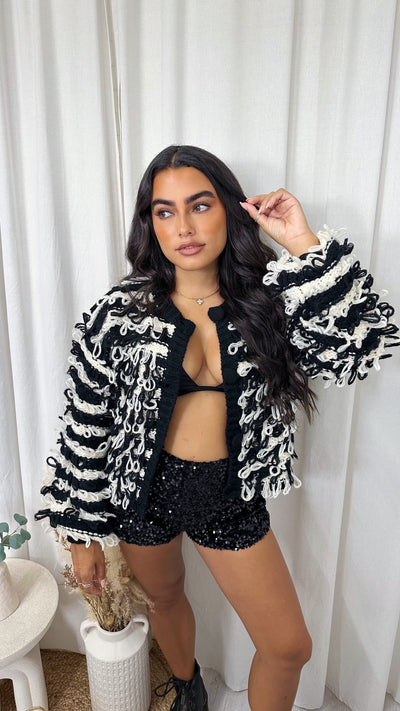 Loop Tassel Chunky Knitted Stripe Cardigan - BLACK