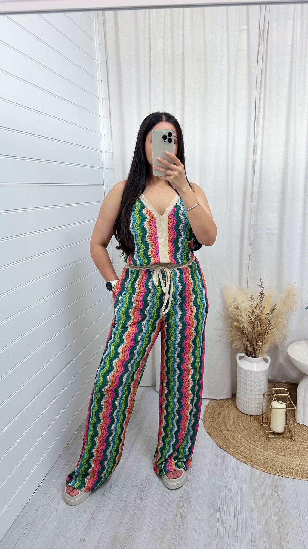 Zig Zag Strappy Vest Top and Wide Leg Trousers Co-Ord - GREEN/PINK