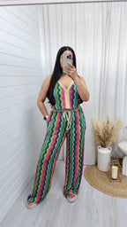 Zig Zag Strappy Vest Top and Wide Leg Trousers Co-Ord - GREEN/PINK