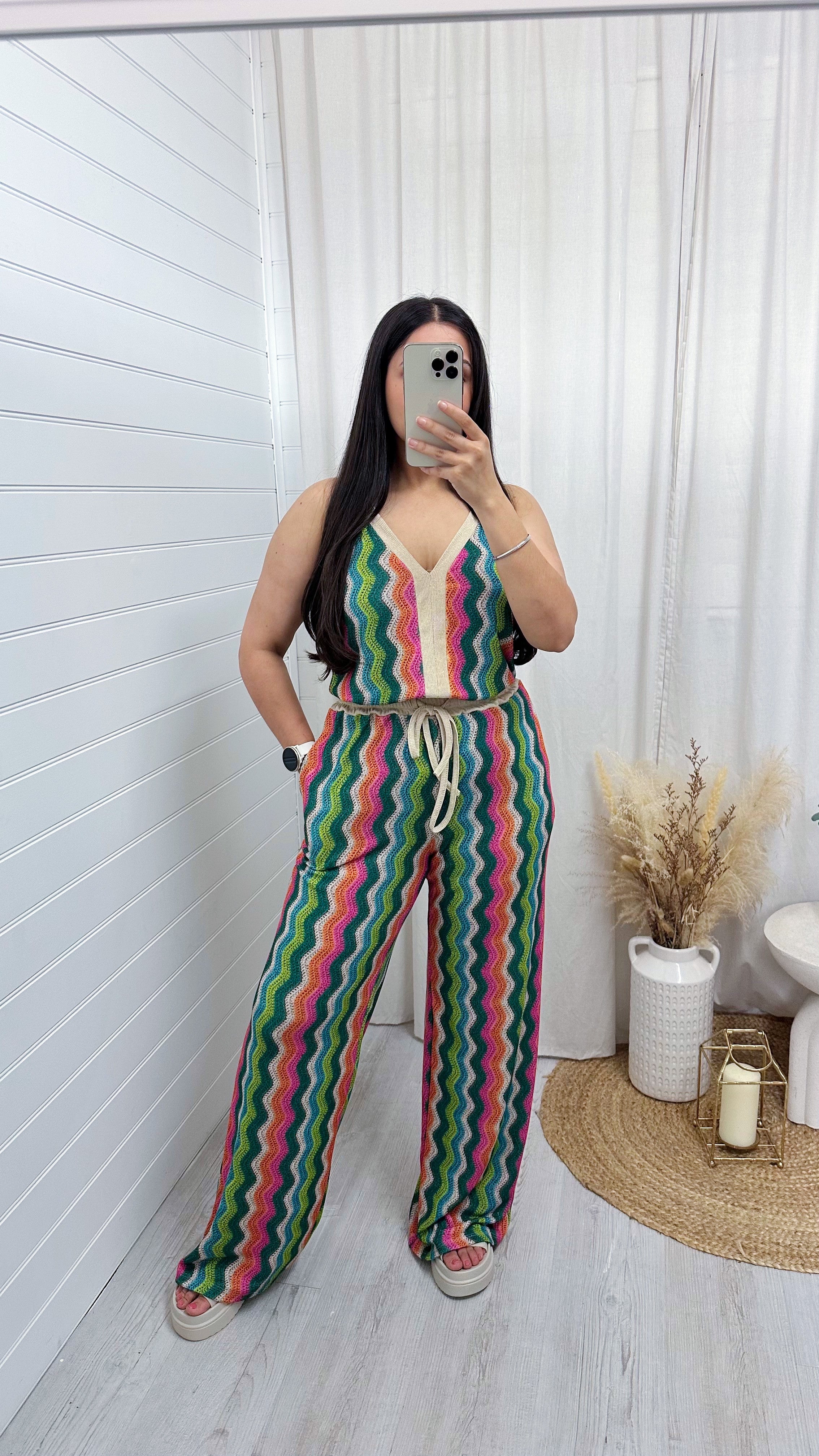 Zig Zag Strappy Vest Top and Wide Leg Trousers Co-Ord - GREEN/PINK