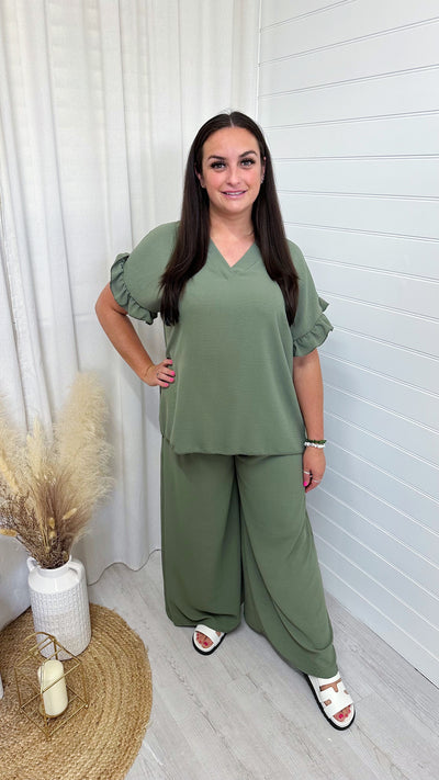 PLUS V-Neck Frill Sleeve Top and Wide Leg Trousers Co-Ord - KHAKI