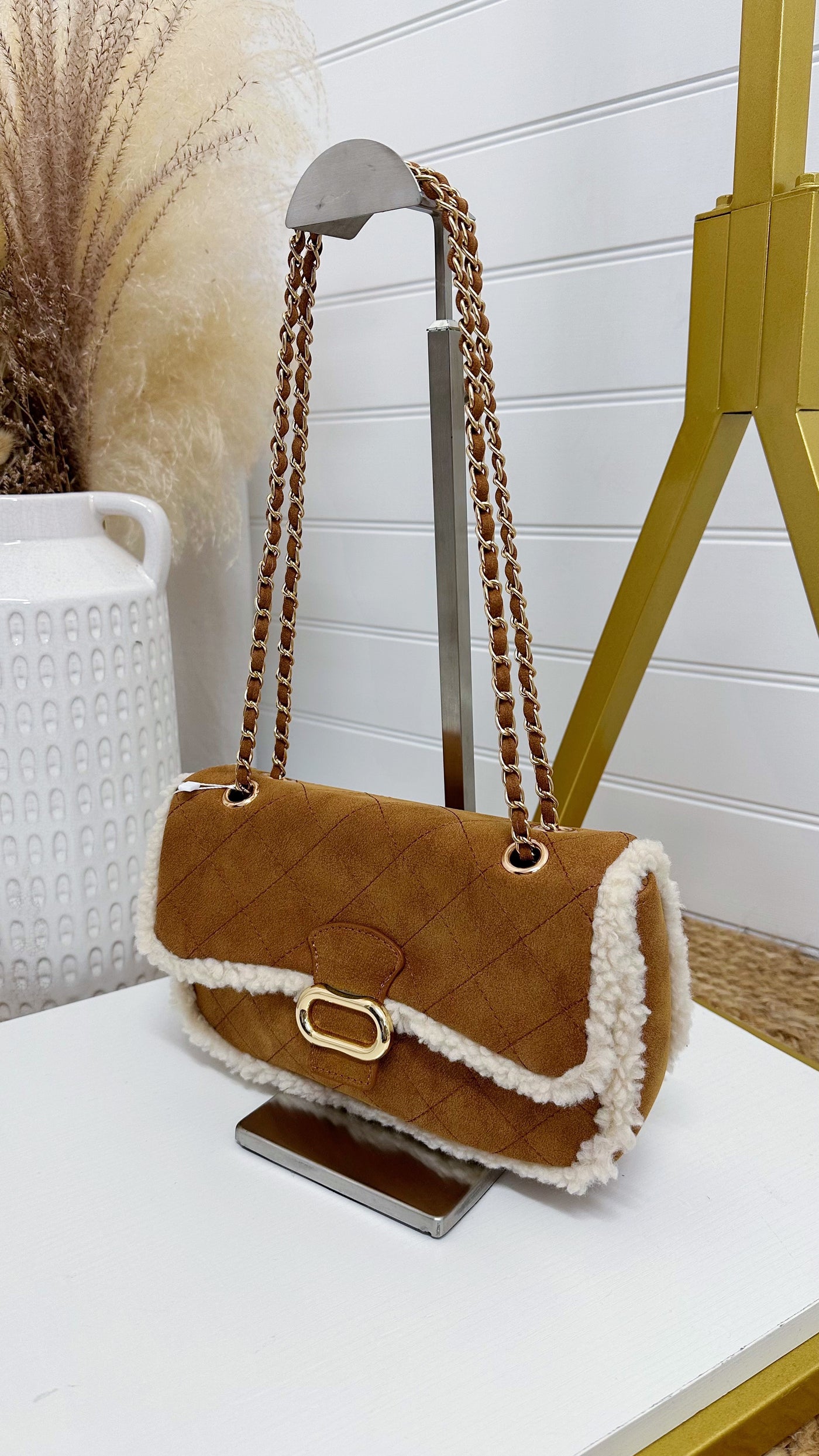 Teddy Fur Trim Cross Body Bag - TAN