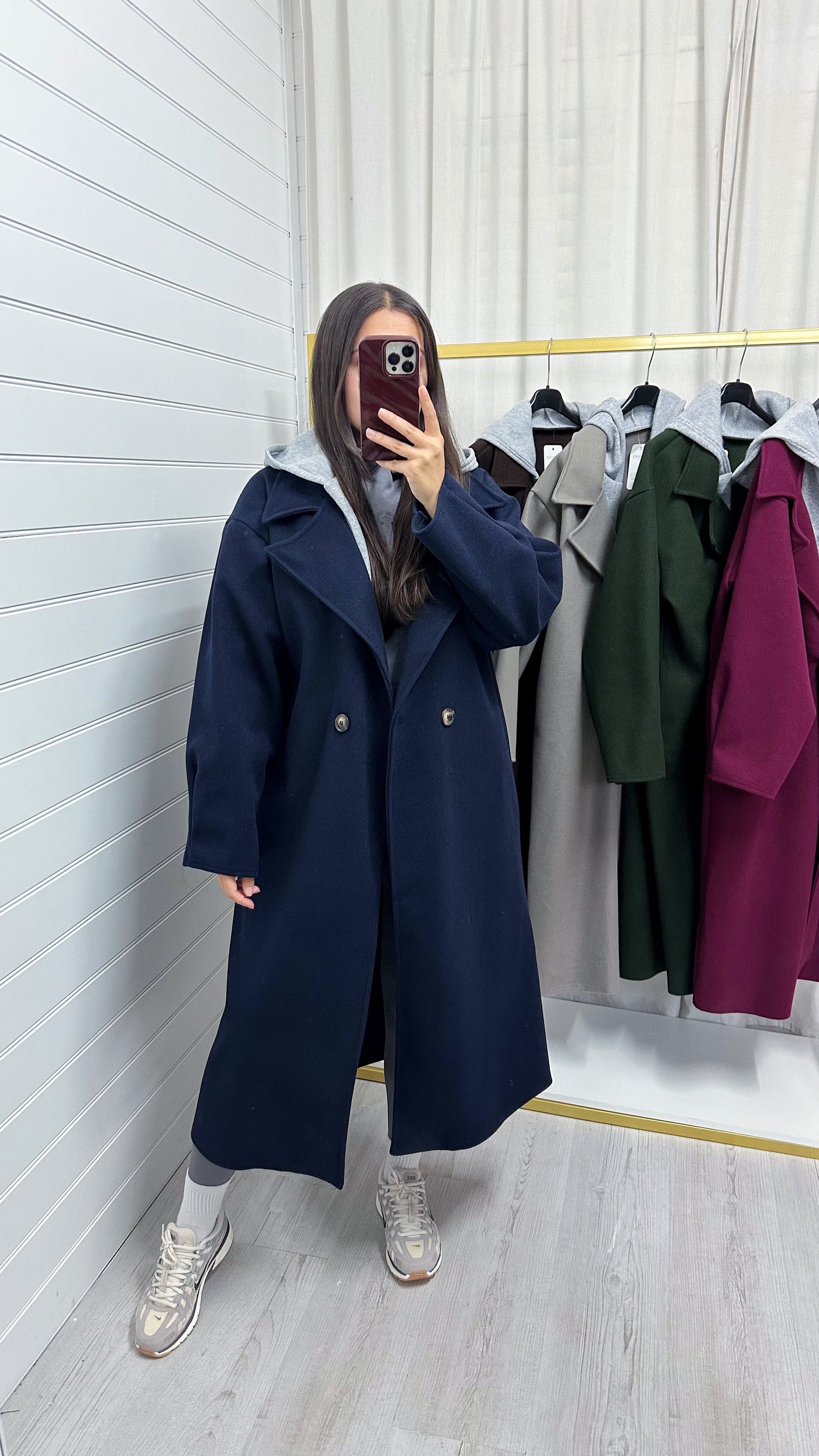 Oversized Woollen Hooded Mac - NAVY