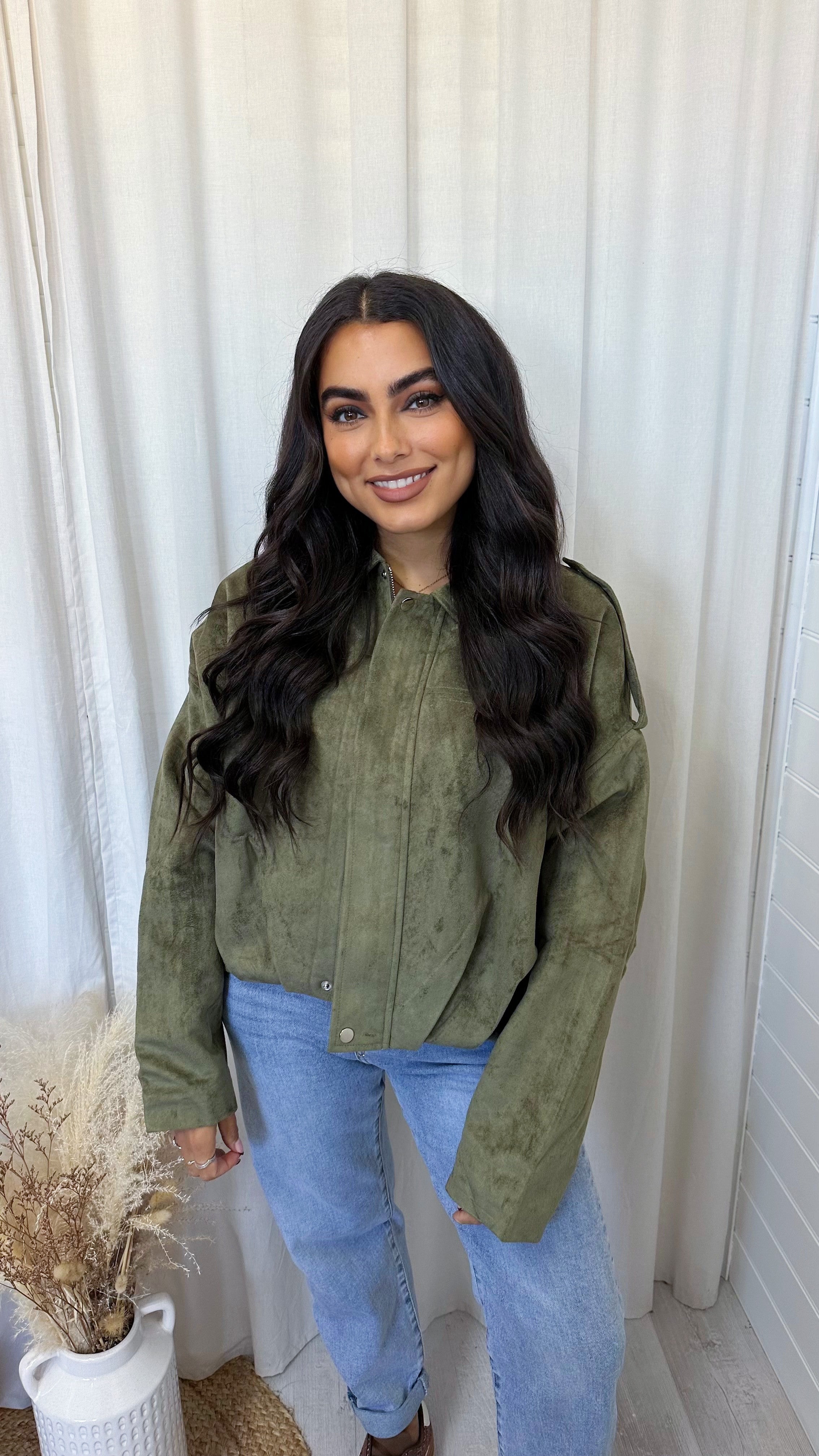 Suede Baggy Sleeve Lapel Bomber Jacket - KHAKI