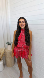 Bandana Print Halter Neck Top and Skirt Co-Ord - RED