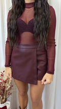 PU Wrap Over Leather Look Skort - WINE